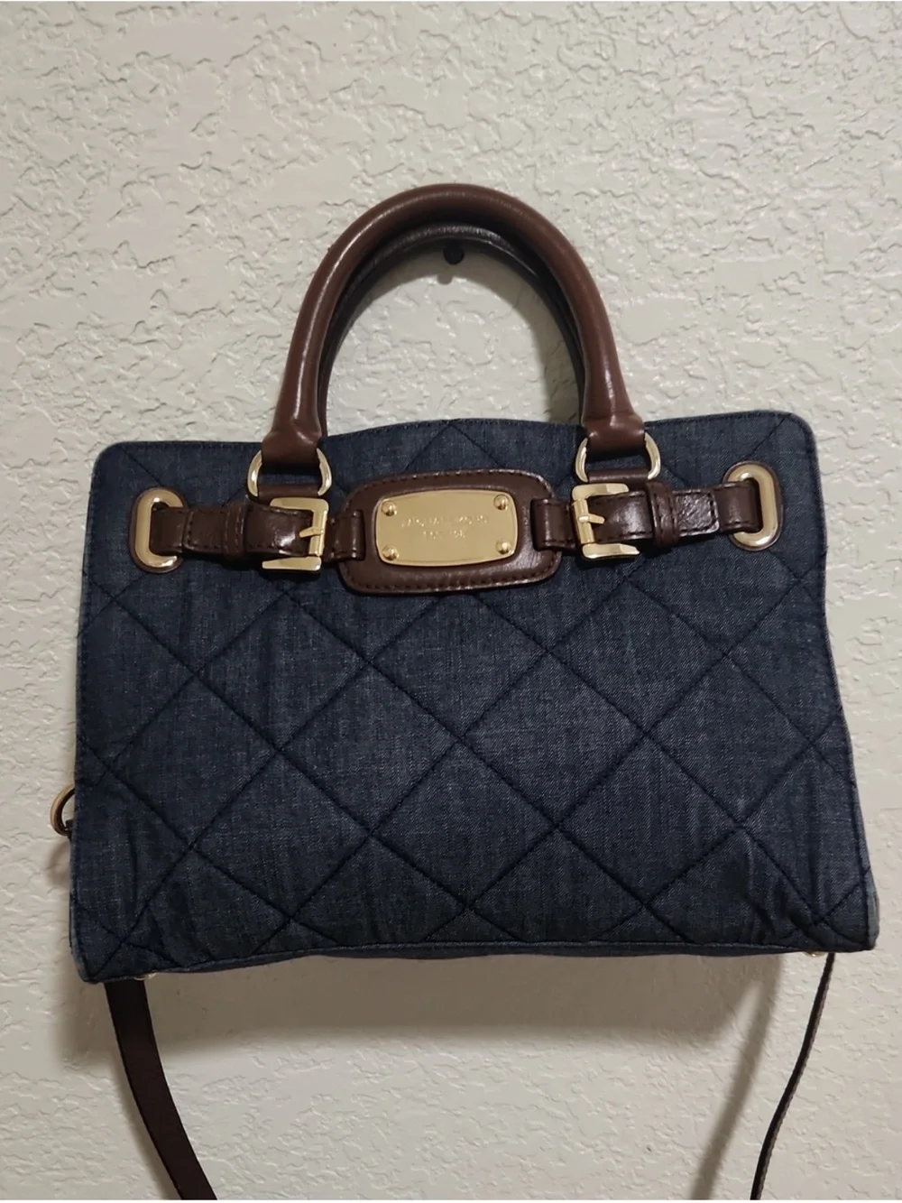 Michael Kors Brown Leather-Trim Quilted Denim Tote